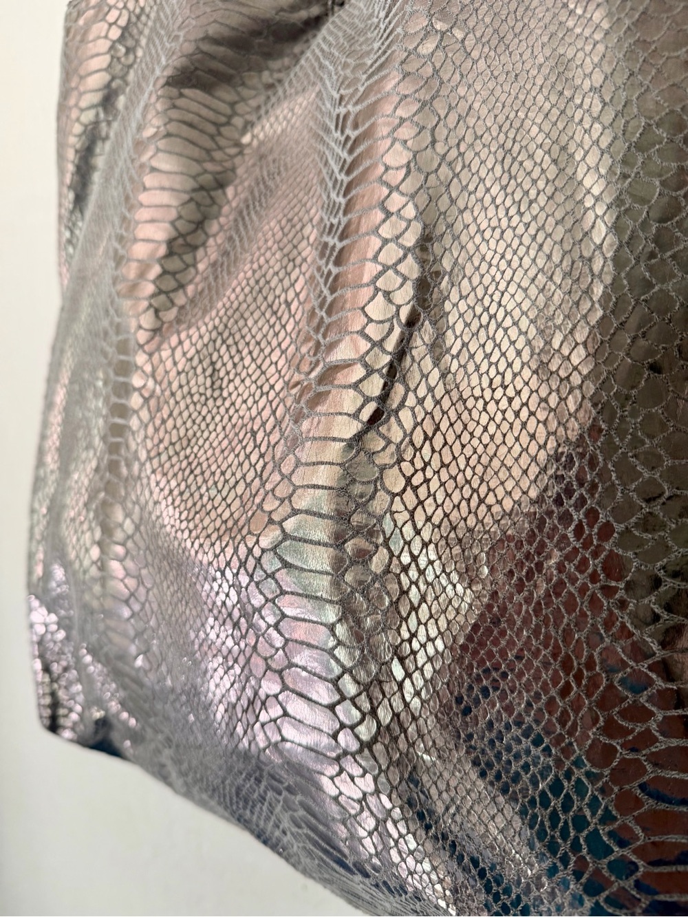 Carlos Falchi Metallic Snakeskin Tote Bag Silver Gunmetal Hobo Shopper EUC